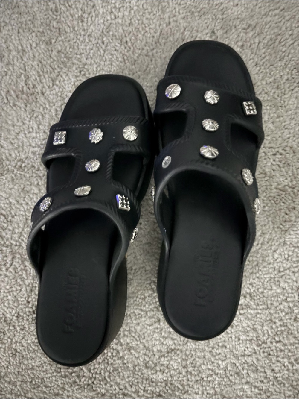 Foamtreads Black Slide Sandals with Silver Stud Embellishments